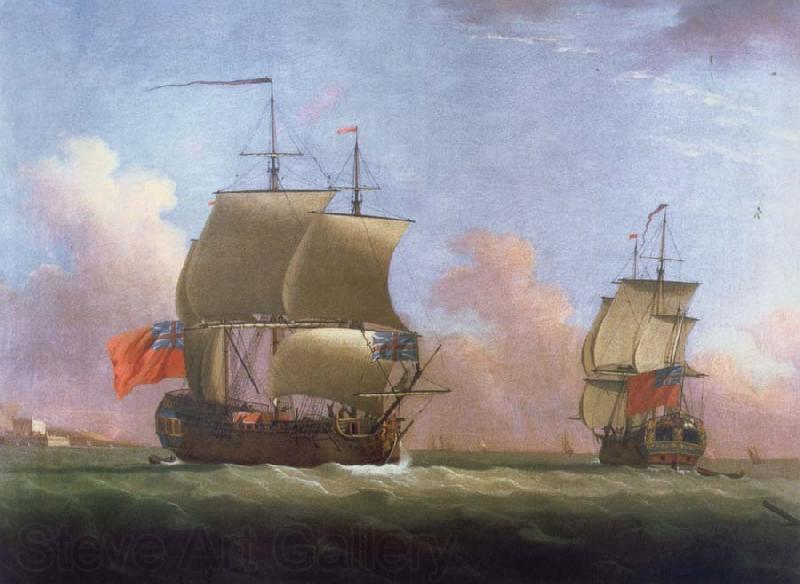 Monamy, Peter THe Ship rigged royal yacht Dublin in two positions Spain oil painting art